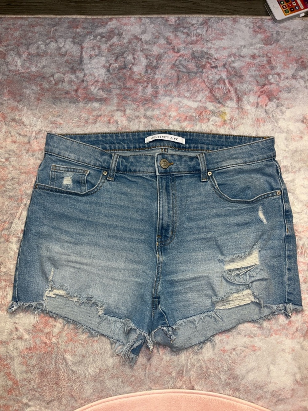 Celebrity Pink Light Blue Distressed Denim Shorts